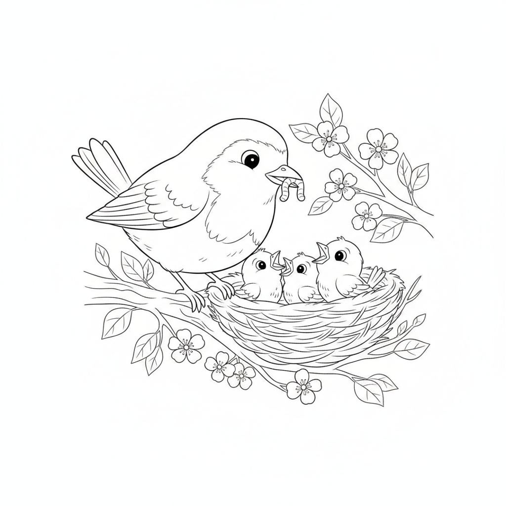 A Friendly Robin Feeding Its Baby Birds In A Cozy Nest. Coloring Page