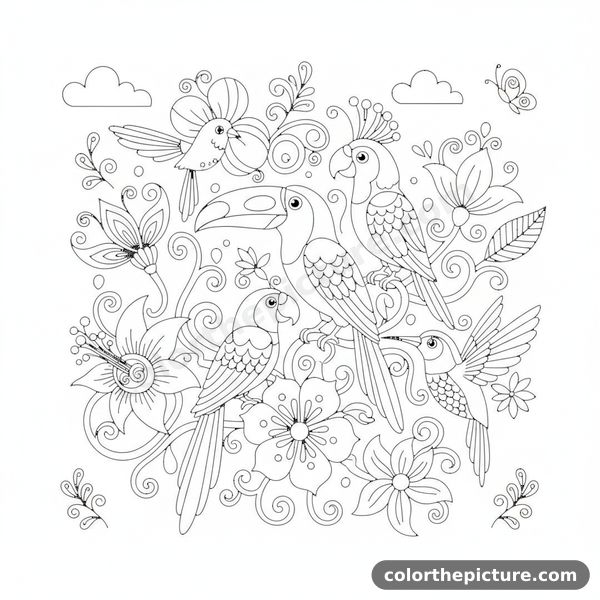 Exotic Birds Collecting Nectar from Intricate, Oversized Flowers in a Secret Garden. Coloring Page