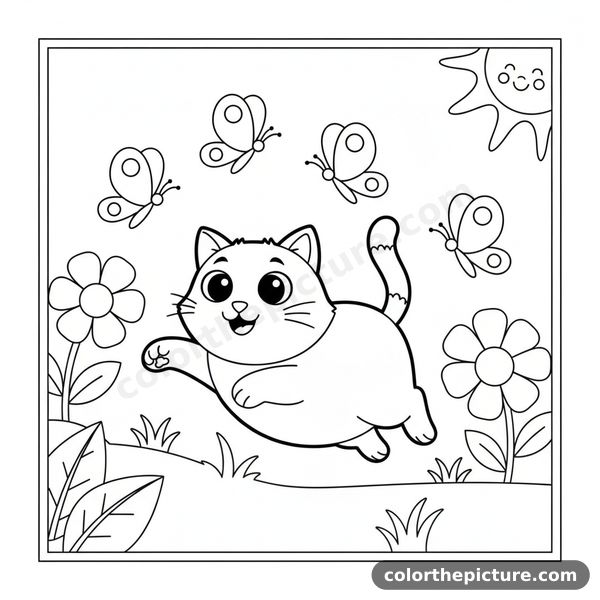 A Playful Cat Chases Colorful Butterflies in a Sunny Flower Garden. Coloring Page