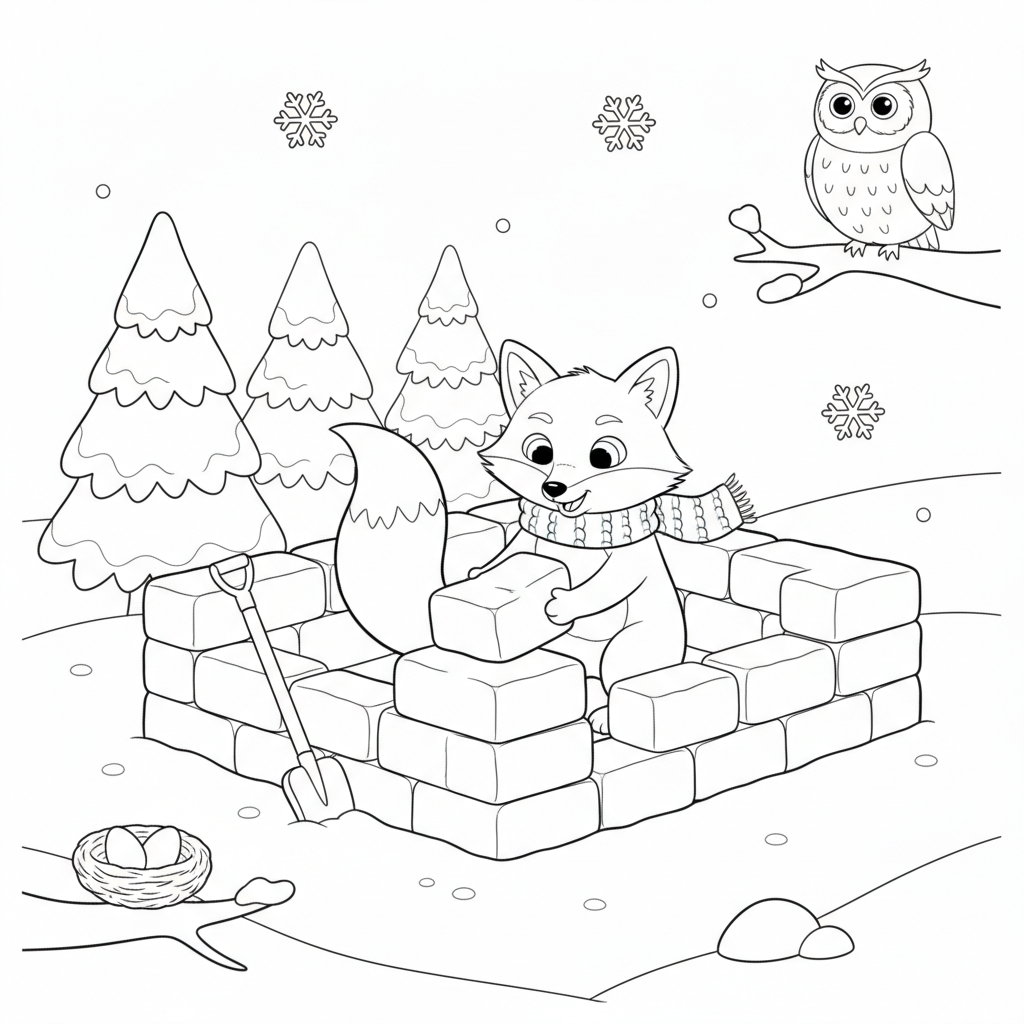 A Clever Fox Building a Small Snow Fort in a Quiet Winter Forest. Coloring Page