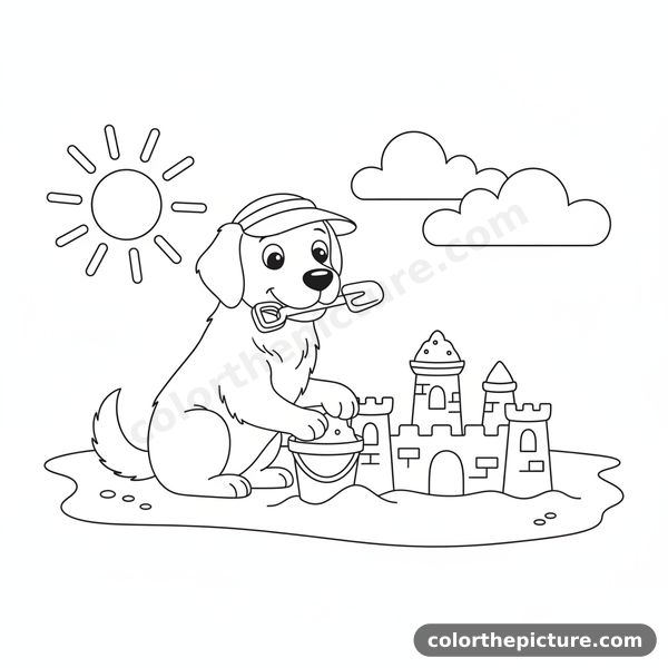 A Dog Making a Sandcastle on the Beach. Coloring Page