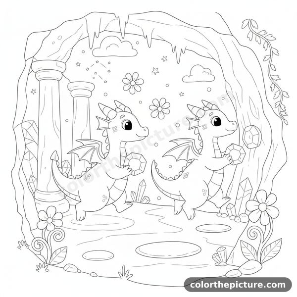 Sweet Twin Dragon Babies in a Starlit Glowing Cave Coloring Page