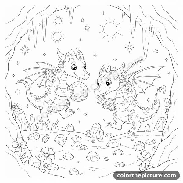 Tiny Twin Dragons Beside a Giant Sparkling Crystal Coloring Page