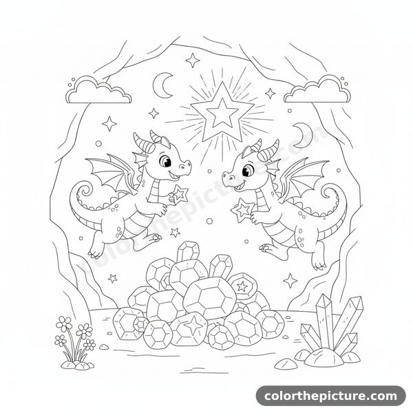 Twin Dragon Siblings Sharing a Basket of Shiny Jewels Coloring Page