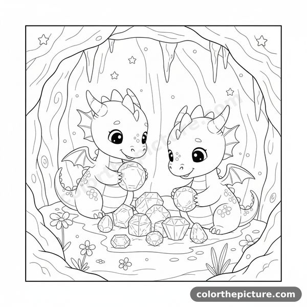 Flying Twin Dragons Catching Stars Among the Stalactites Coloring Page