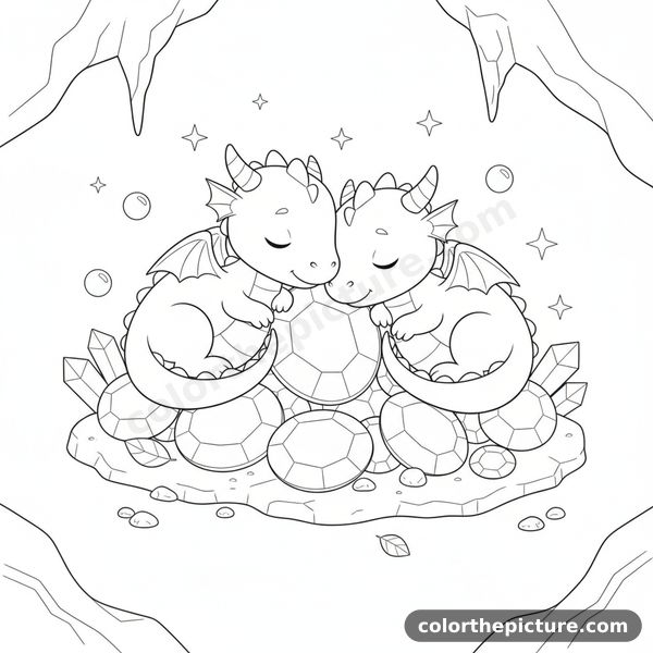 Sleepy Twin Baby Dragons Curled Up on Glowing Gems Coloring Page
