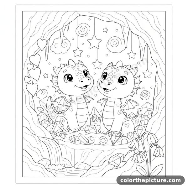 Amazed Twin Dragons Discovering One Magical Sparkling Jewel Coloring Page