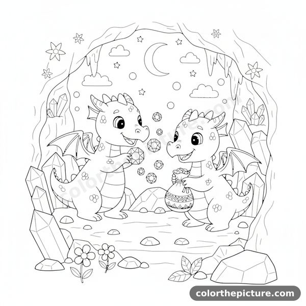 Two Dragon Babies Searching for Jewels in a Starry Cave Pool Coloring Page