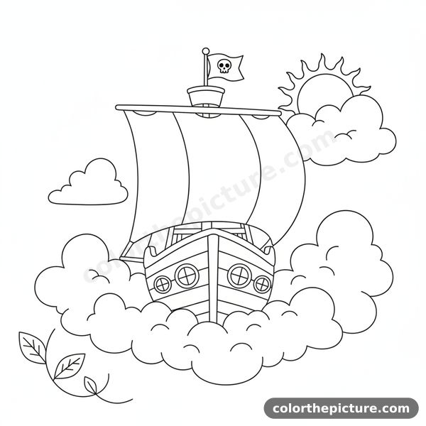 Sky Ship Gliding Through the Clouds Coloring Page