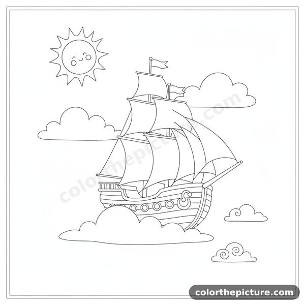 Ship Rising Over Fluffy White Clouds Coloring Page