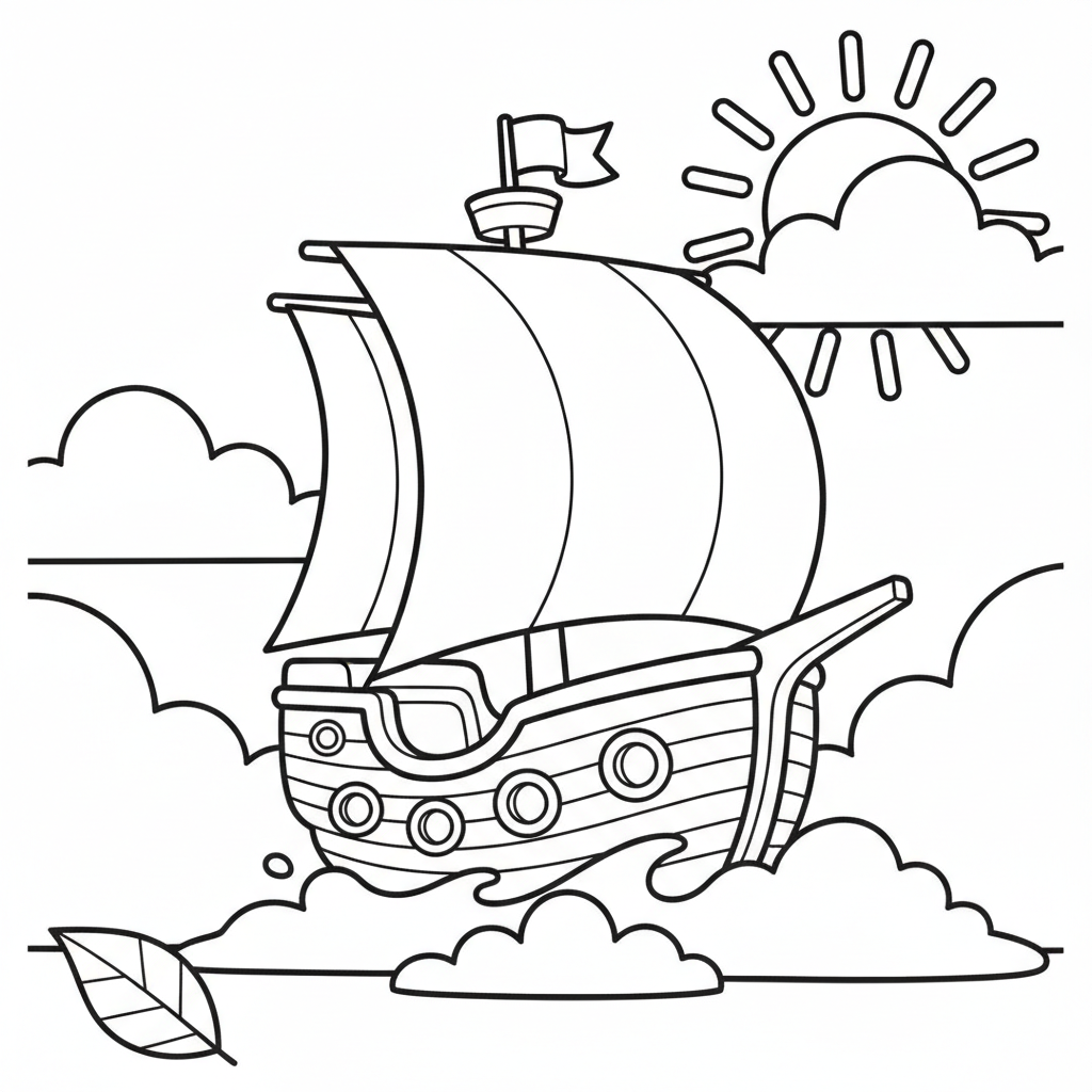 Sky Ship Bobbing on Waves of Clouds Coloring Page