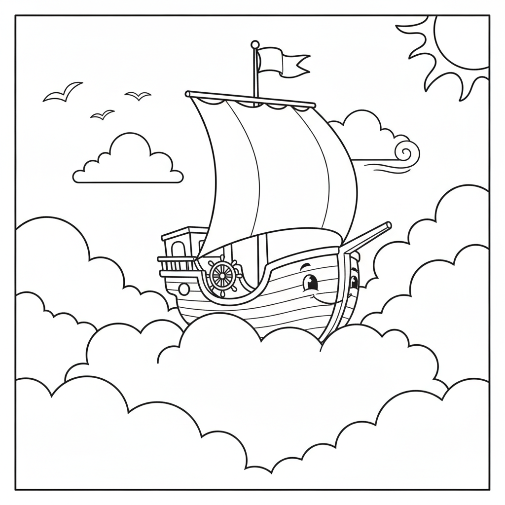 Dream Ship Drifting in the Moonlight Coloring Page