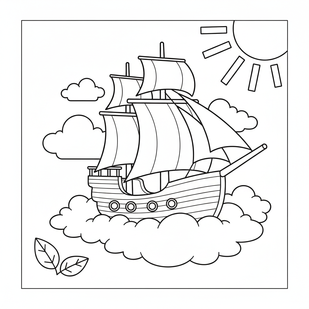 Flying Ship with Sails Full of Wind Coloring Page