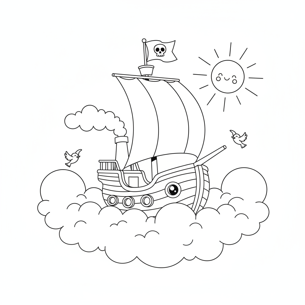 Ship Wandering the Sky with Its Little Captain Coloring Page