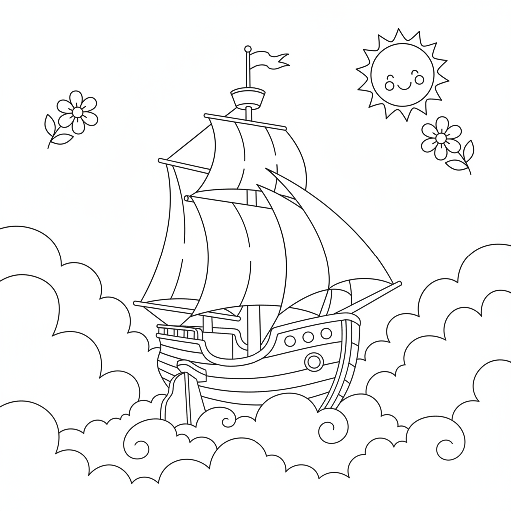 Sky Ship Passing Tiny Cloud Islands Coloring Page
