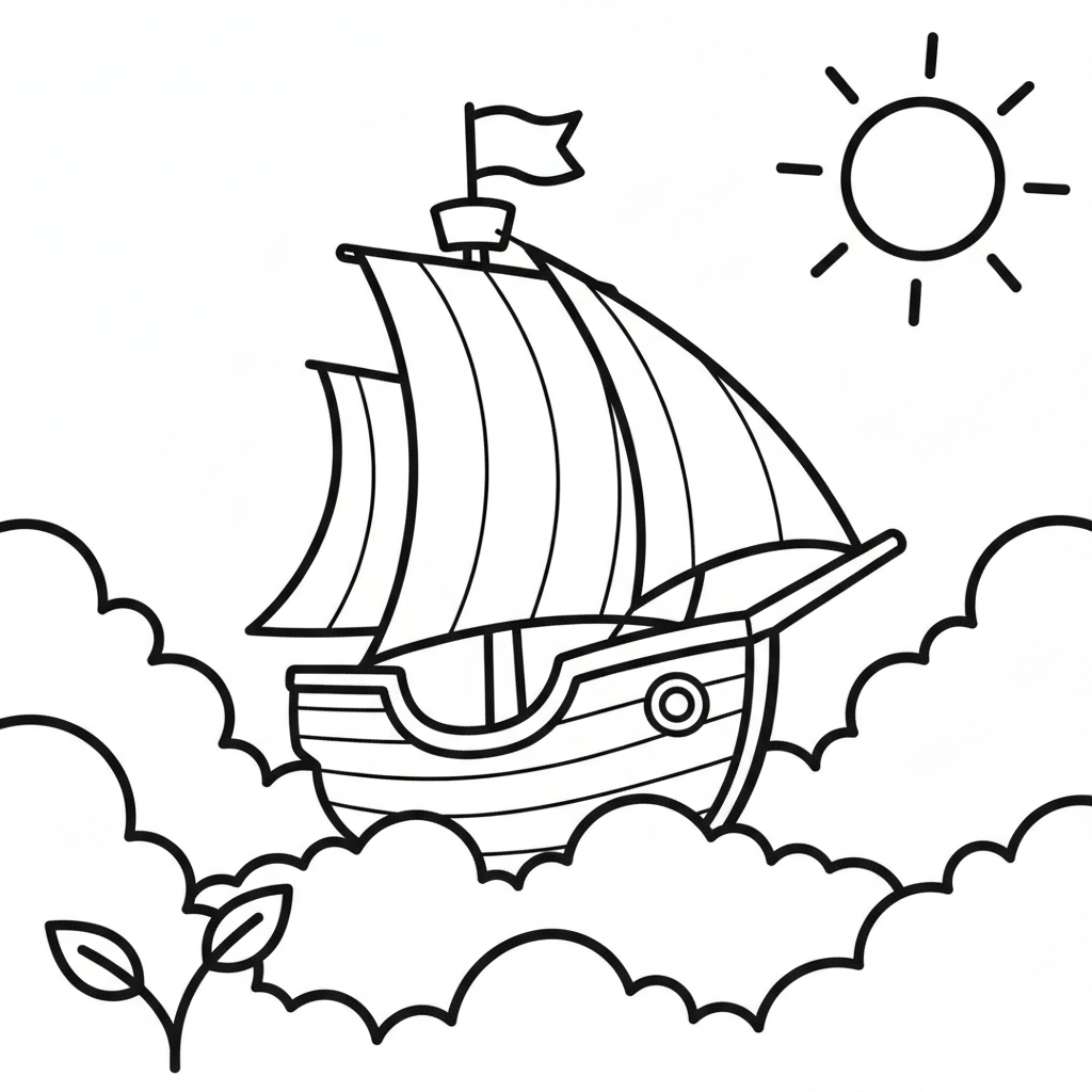 Flying Ship Heading Toward a Sweet Little Moon Coloring Page