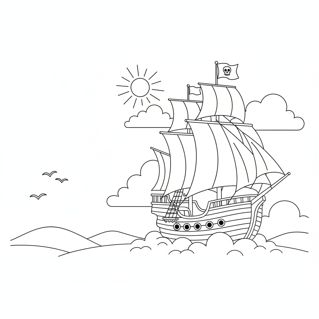 Ship Flying Above the Clouds Alongside Birds Coloring Page