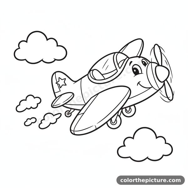 Smiling Little Airplane Gliding in the Sky Coloring Page