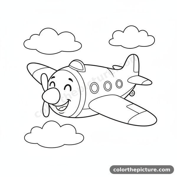 Happy Airplane Bouncing Over Fluffy Clouds Coloring Page
