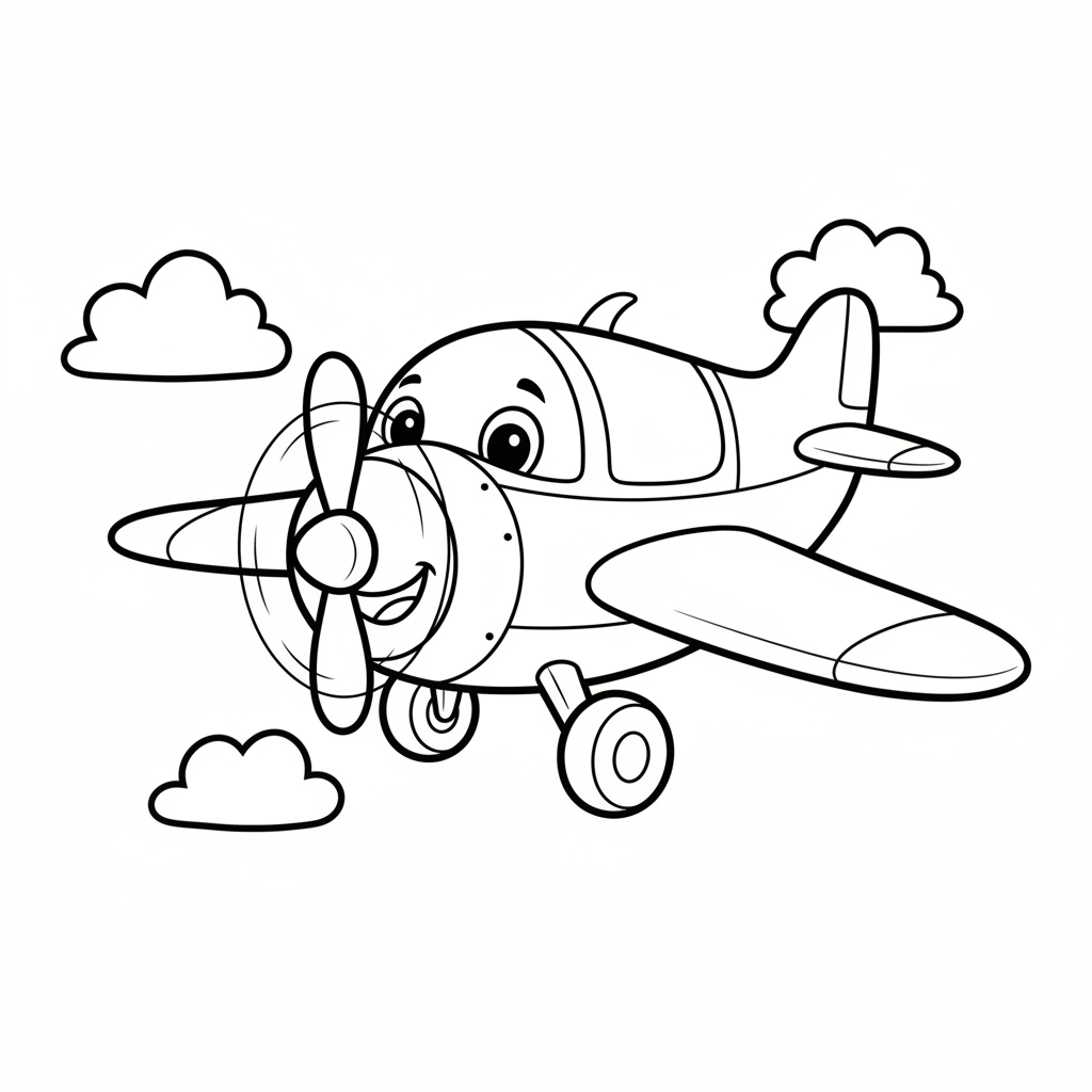 Sleepy Airplane Resting on Cloud Pillows Coloring Page