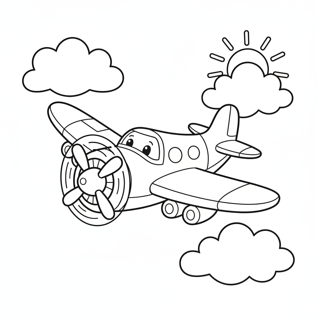 Happy Airplane Soaring Under a Rainbow Coloring Page