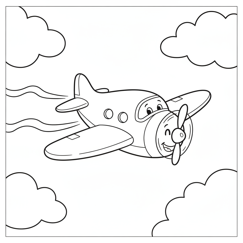 Happy Airplane Diving Through Cotton Clouds Coloring Page