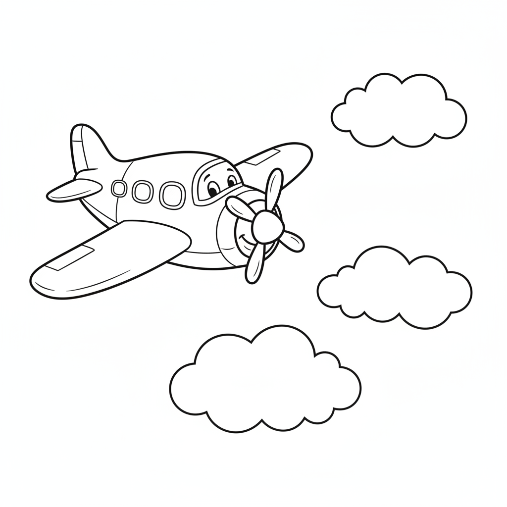 Happy Airplane Heading Home at Sunset Coloring Page