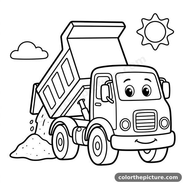 Cheerful Dump Truck Unloading Sand in the Park Coloring Page