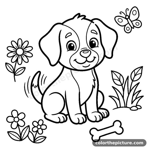 Cute puppy sitting with a wagging tail coloring page