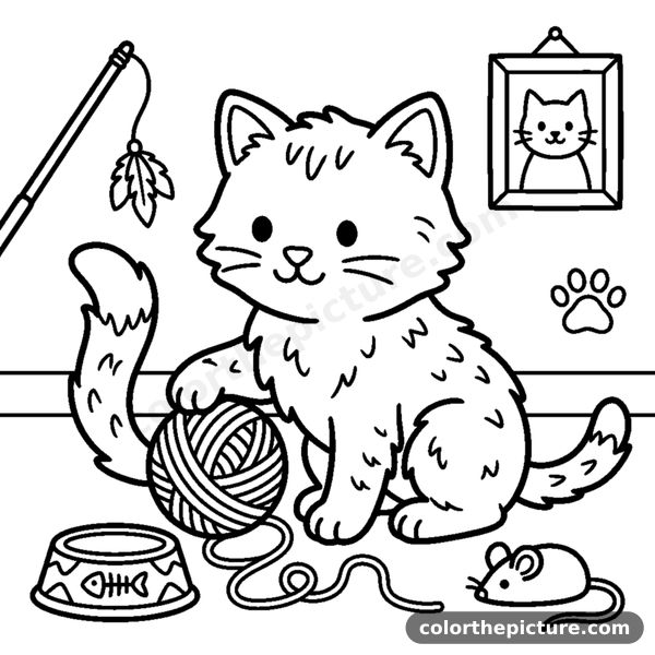 Fluffy kitten playing with a ball of yarn coloring page