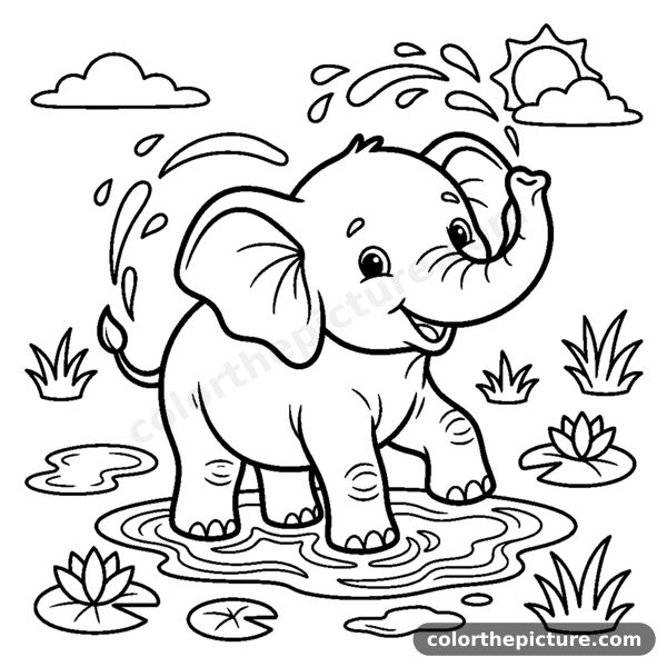 Baby elephant splashing water with its trunk coloring page