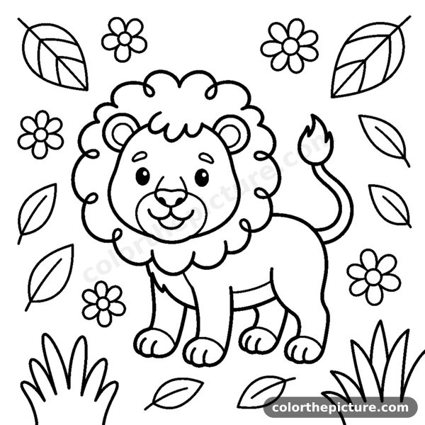 Smiling lion cub with a fluffy mane coloring page