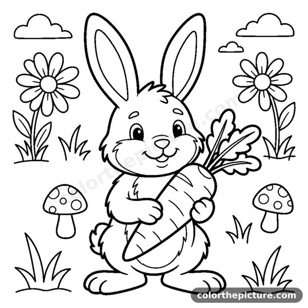Happy rabbit holding a carrot coloring page