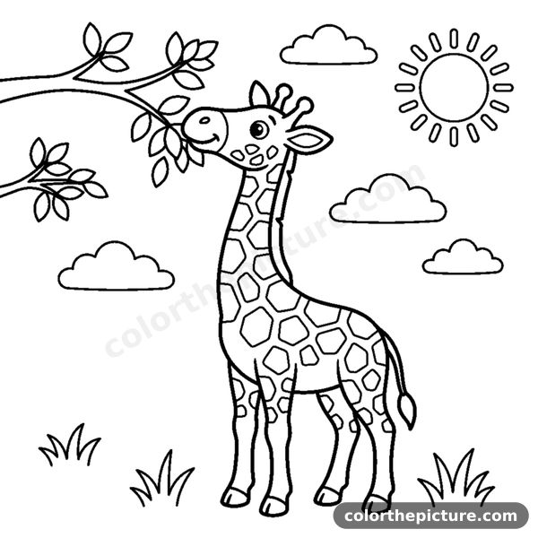 Giraffe reaching up to nibble leaves coloring page
