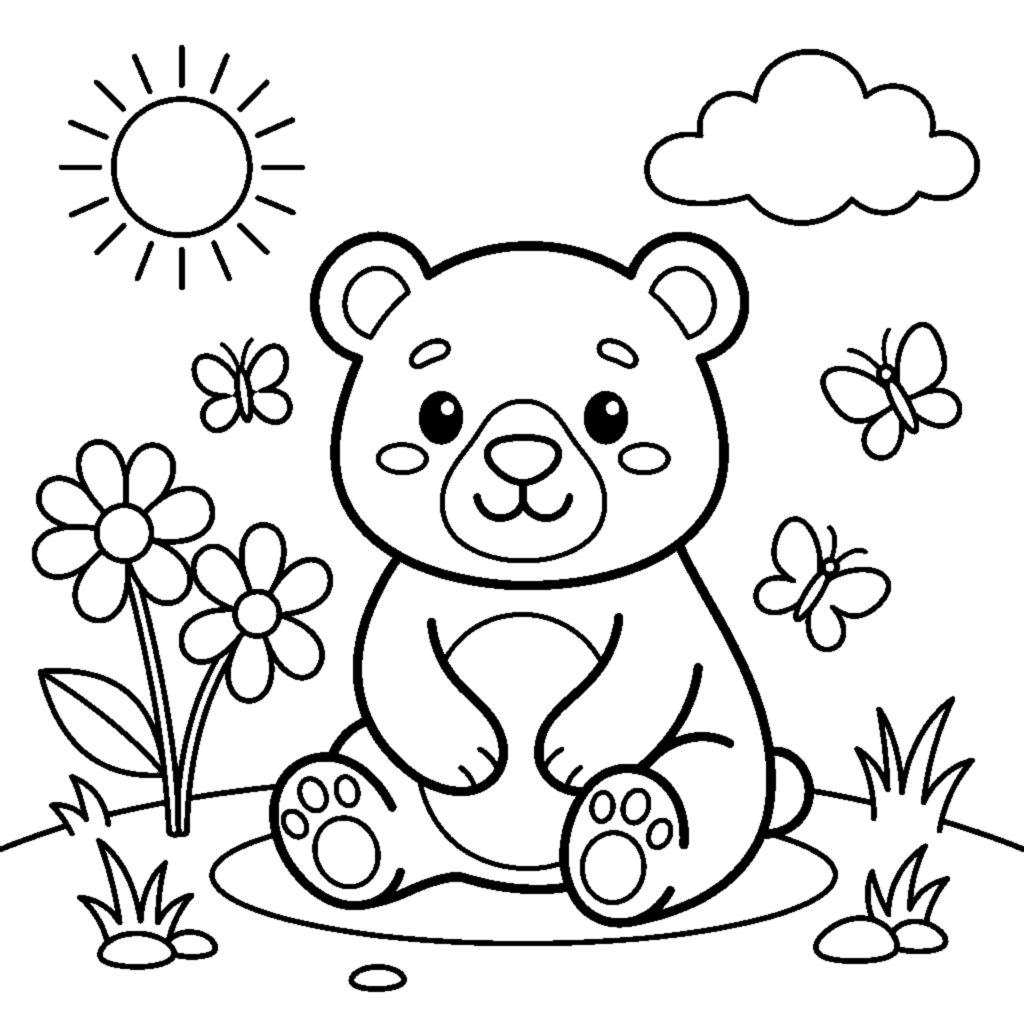 Friendly bear cub sitting in a meadow coloring page