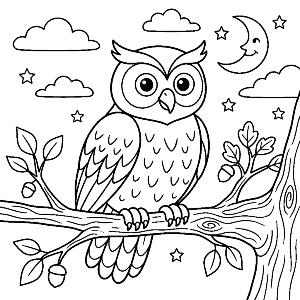 Owl perched on a tree branch coloring page