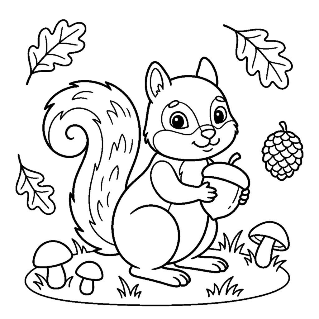 Squirrel holding an acorn coloring page