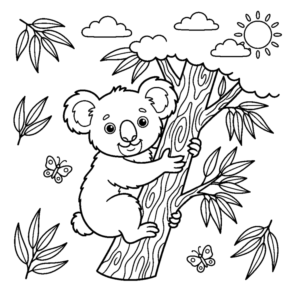 Koala hugging a tree trunk coloring page