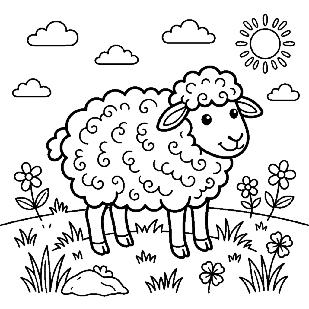 Fluffy sheep standing in a field coloring page
