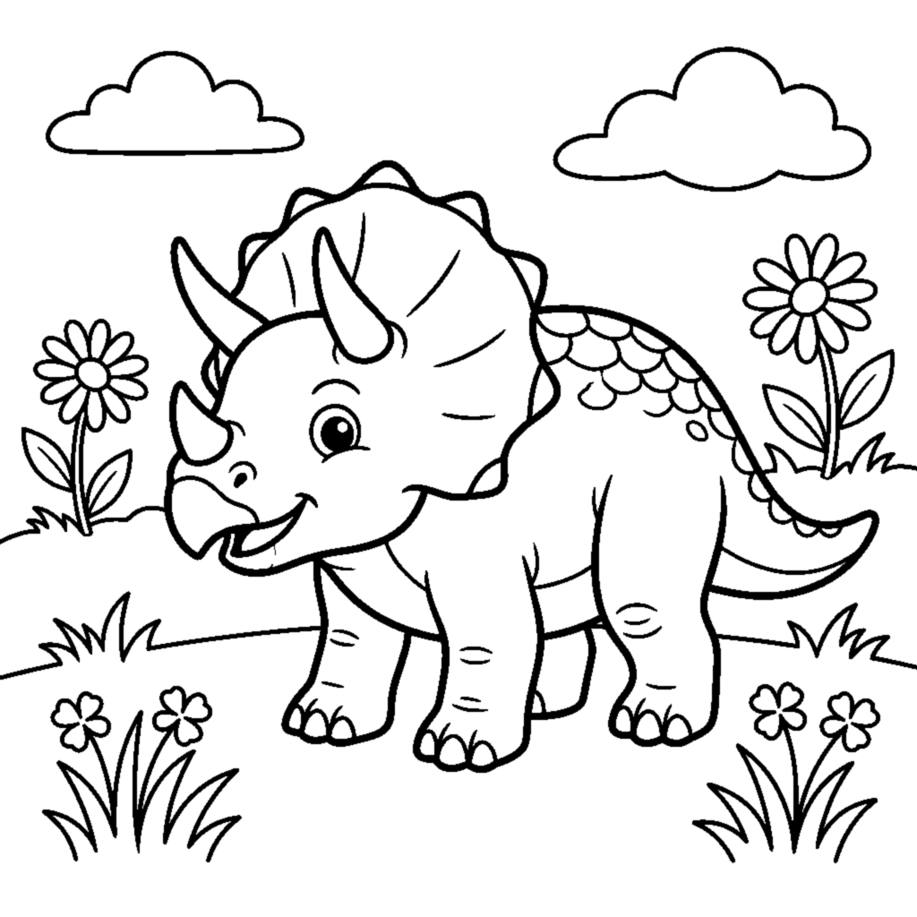 Friendly baby triceratops in a meadow coloring page