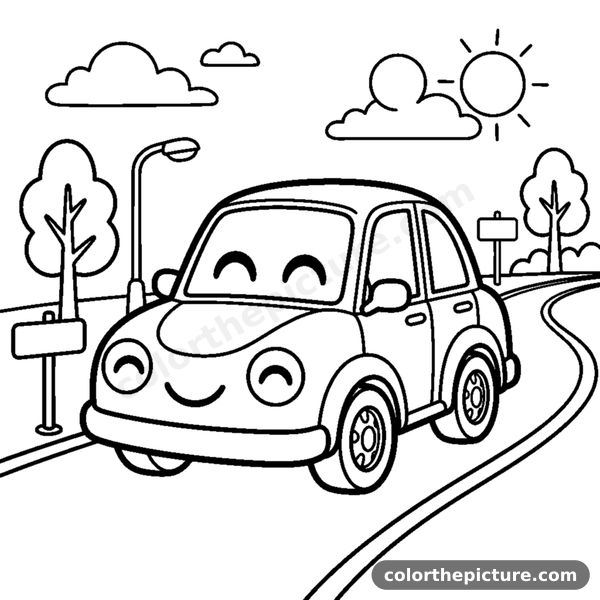 Cute smiling car on a road coloring page