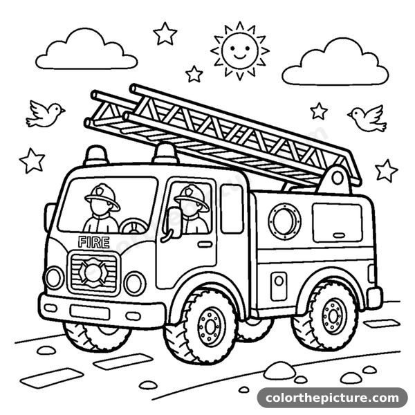 Fire truck with a tall ladder coloring page