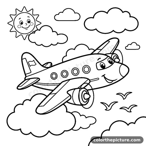 Airplane flying above the clouds coloring page
