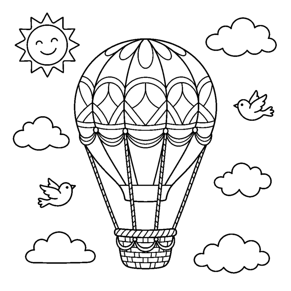 Hot air balloon floating in the sky coloring page