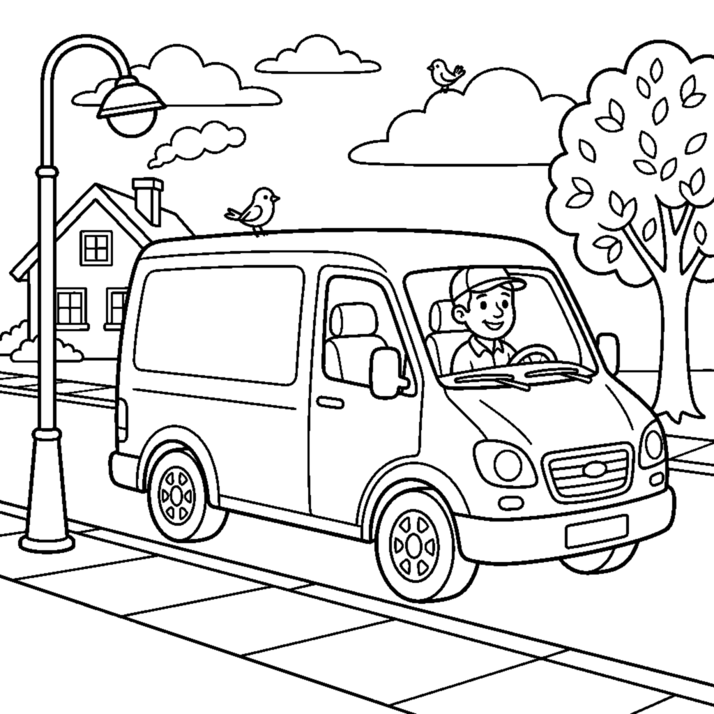 Delivery van parked on a street coloring page