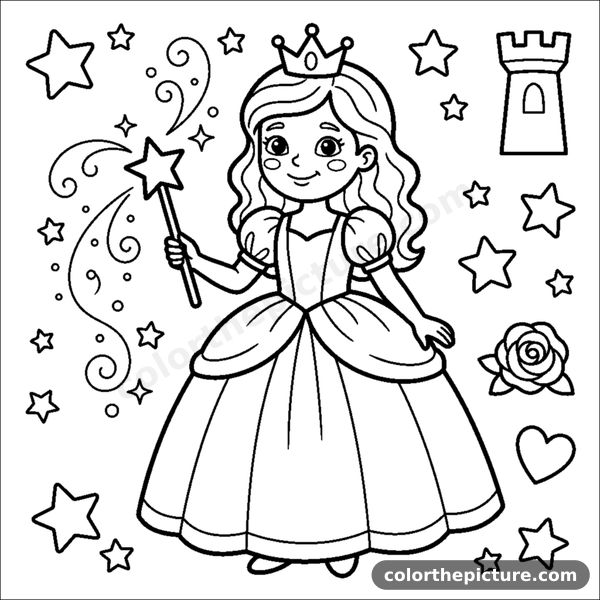 Princess in a ball gown holding a magic wand coloring page
