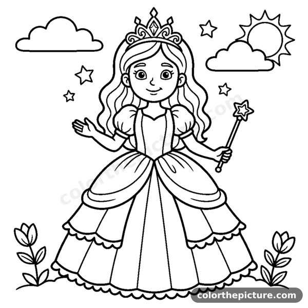 Princess wearing a tiara and a flowing dress coloring page