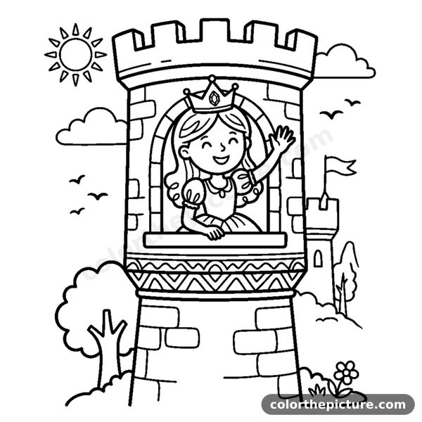 Princess waving from a castle tower window coloring page
