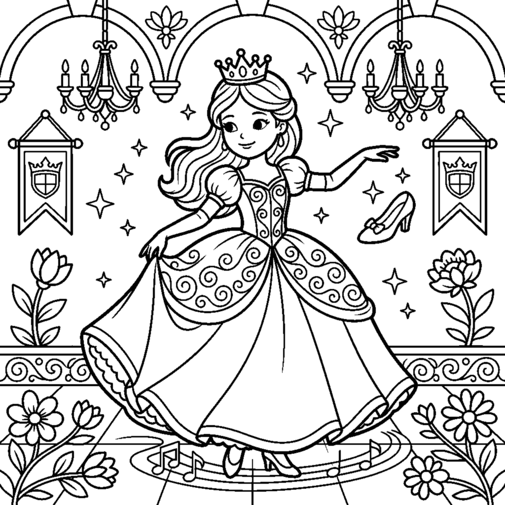 Princess dancing at a royal ball coloring page
