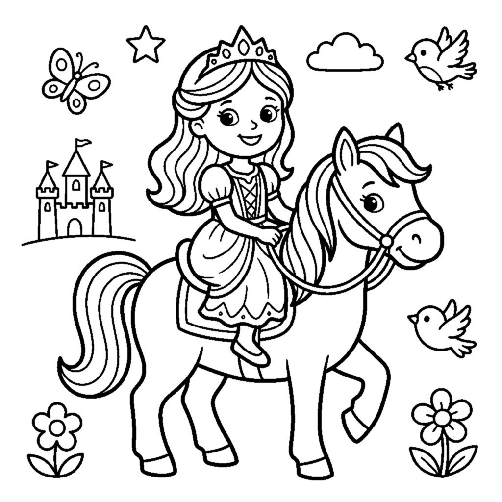 Princess riding a friendly pony coloring page